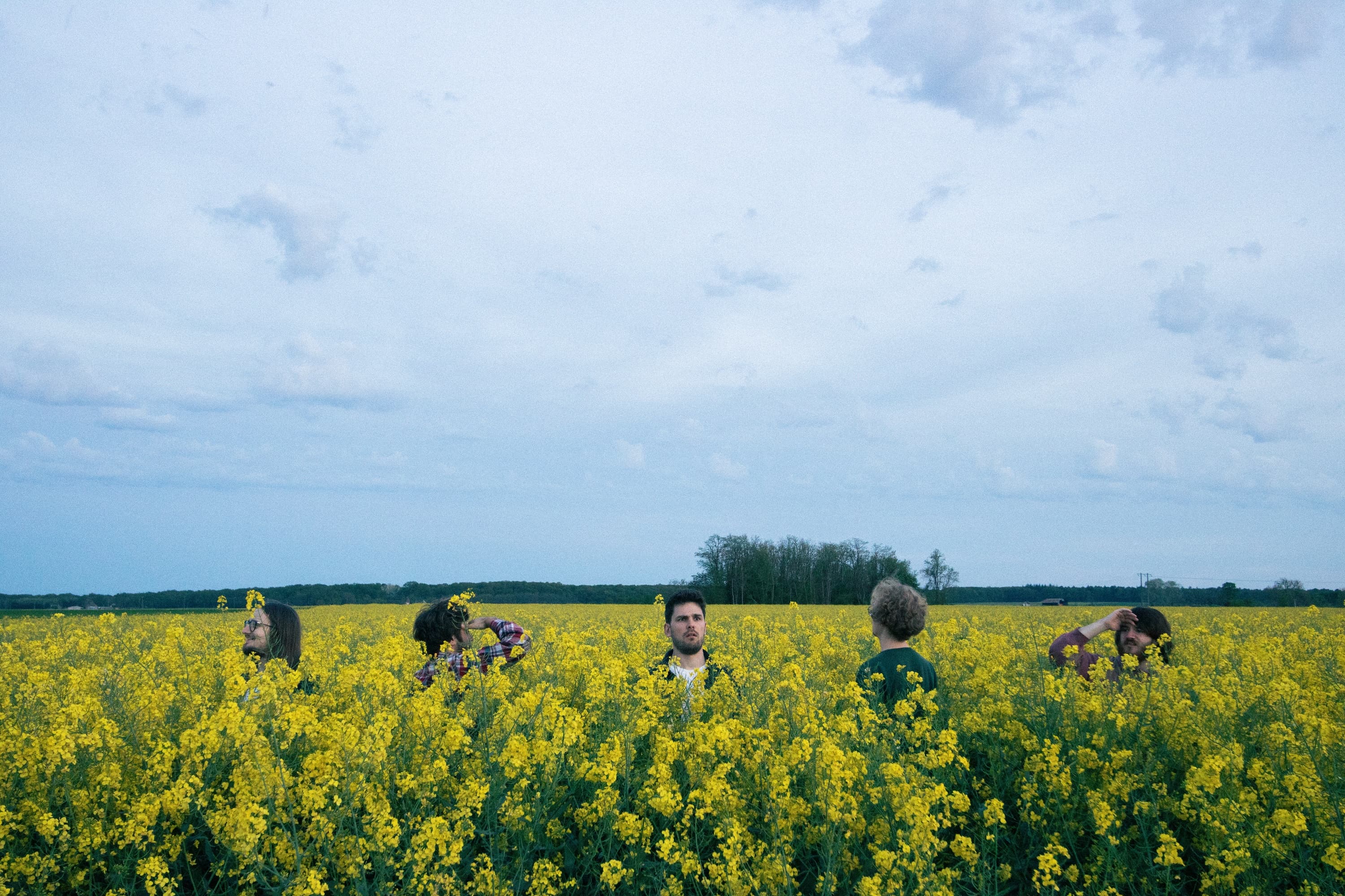 Group members in a field looking all around